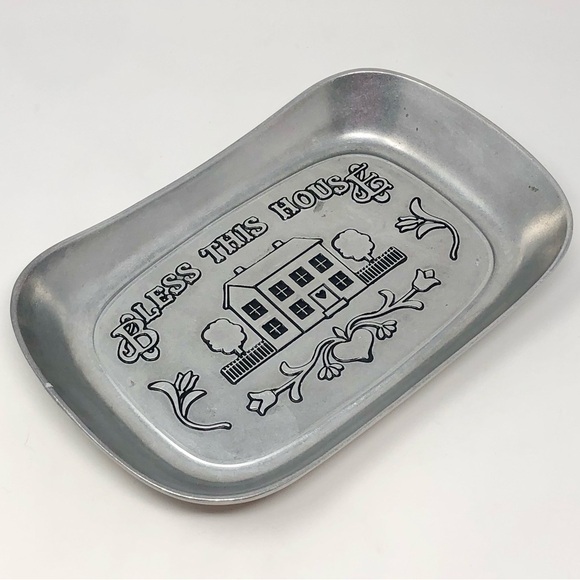 Vintage Pewter Wilton Armedale Bread Dish Decor "Bless This House" Serveware - Picture 2 of 9